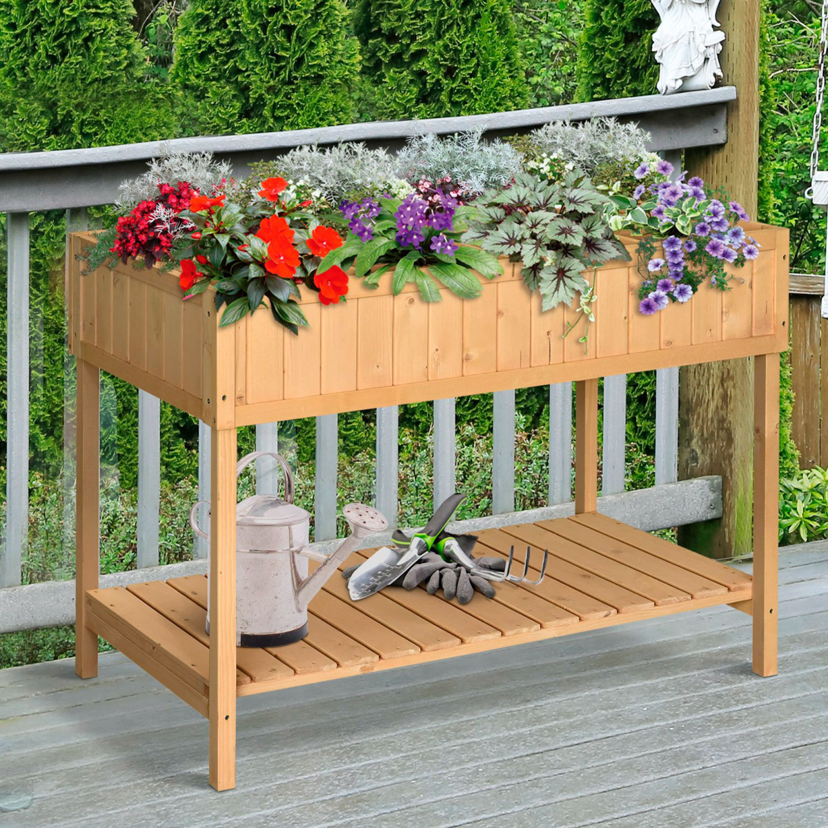 8-Cube Fir Wood Raised Stand Planter with Oak Finish