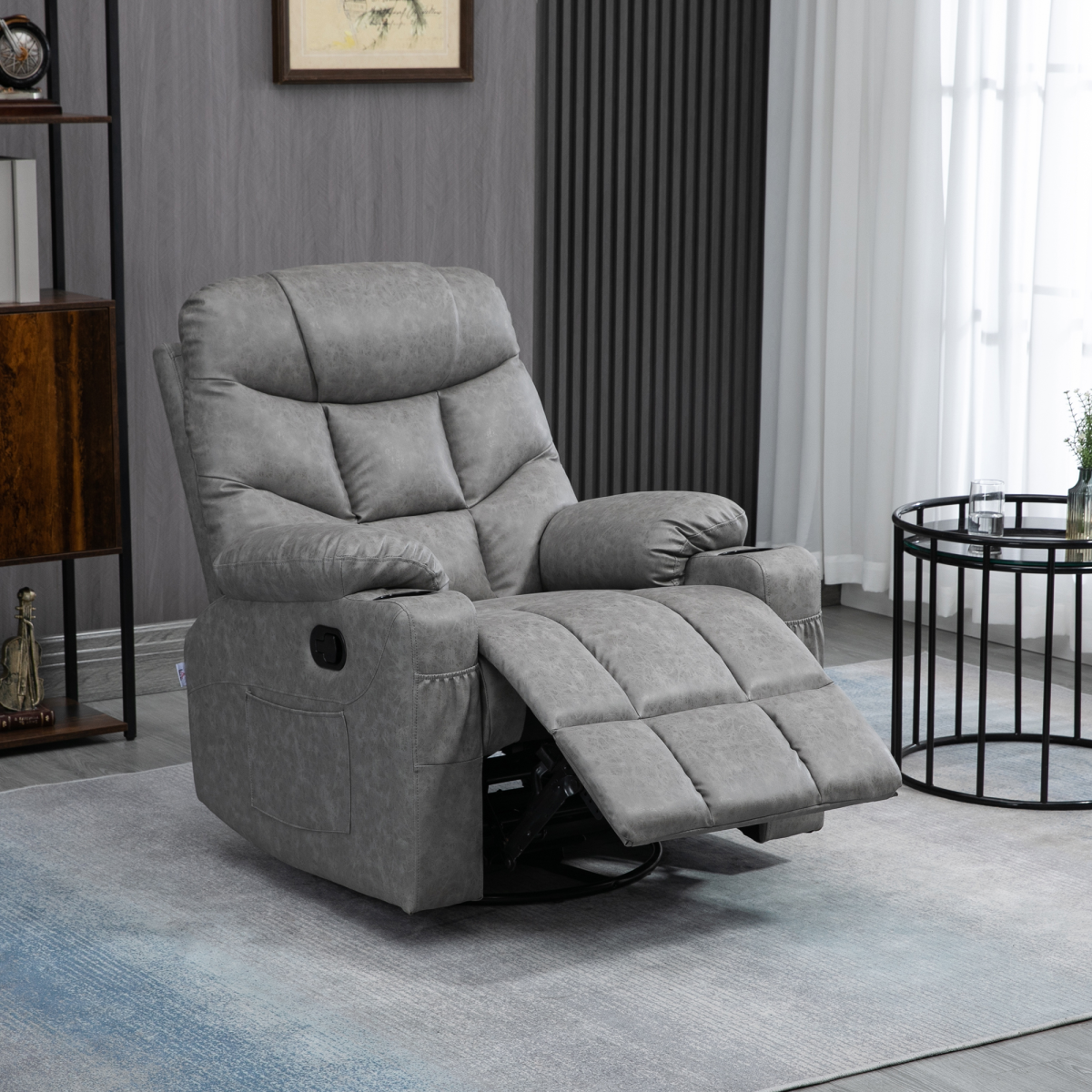 Grey PU Leather Manual Recliner Chair with 360-Degree Swivel and Cup Holders