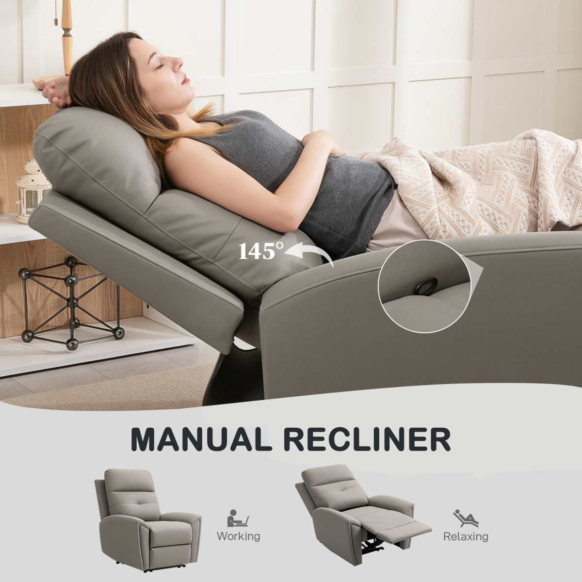 HOMCOM Grey Manual Recliner Armchair - 145° Backrest, Thick Padding