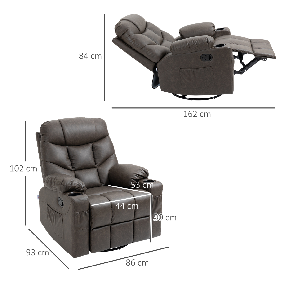 Brown PU Leather Manual Recliner Chair with 360-Degree Swivel and Cup Holders