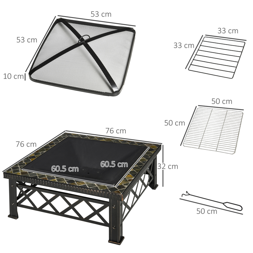 76cm Square Steel Garden Fire Pit Table with Poker & Mesh Cover