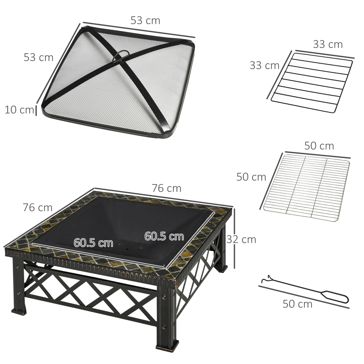76cm Square Steel Garden Fire Pit Table with Poker & Mesh Cover