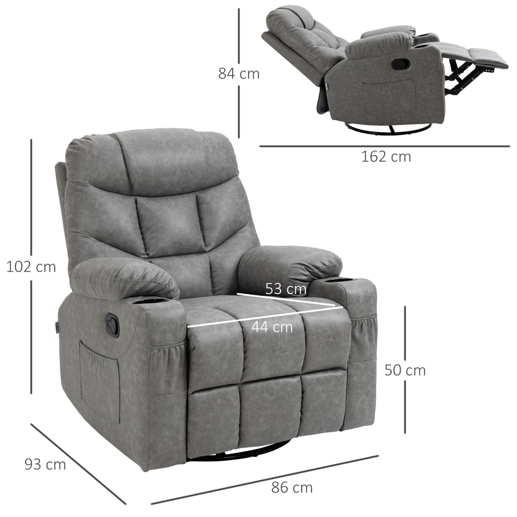 Grey PU Leather Manual Recliner Chair with 360-Degree Swivel and Cup Holders
