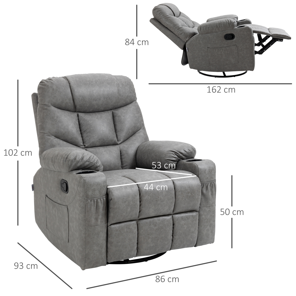 Grey PU Leather Manual Recliner Chair with 360-Degree Swivel and Cup Holders