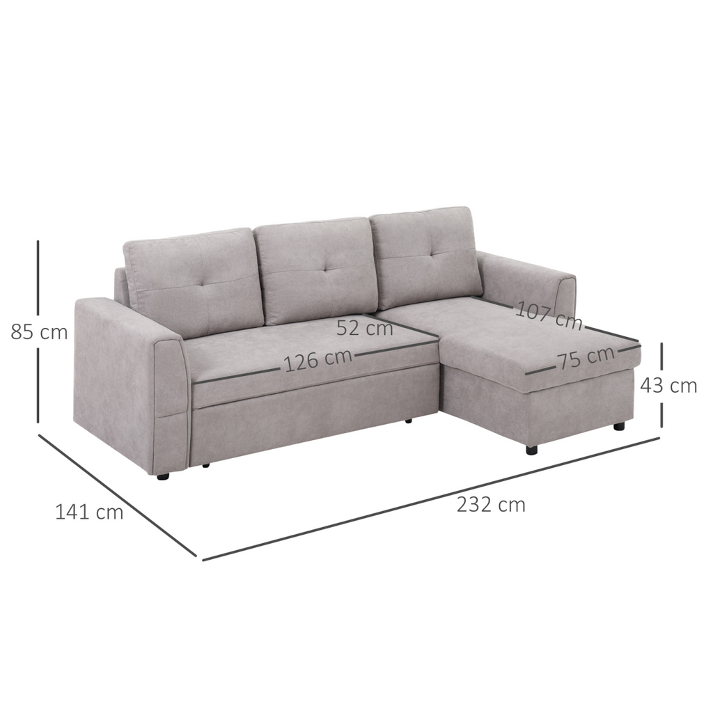 HOMCOM 3 Seater L-Shaped Sofa Bed With Hidden Storage Guest Bed Sleeper Flat Studio Grey
