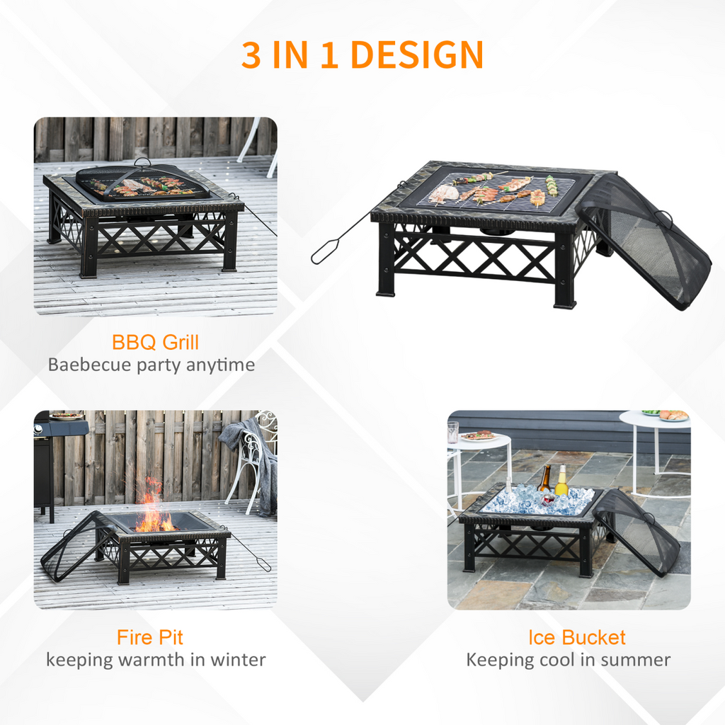 76cm Square Steel Garden Fire Pit Table with Poker & Mesh Cover