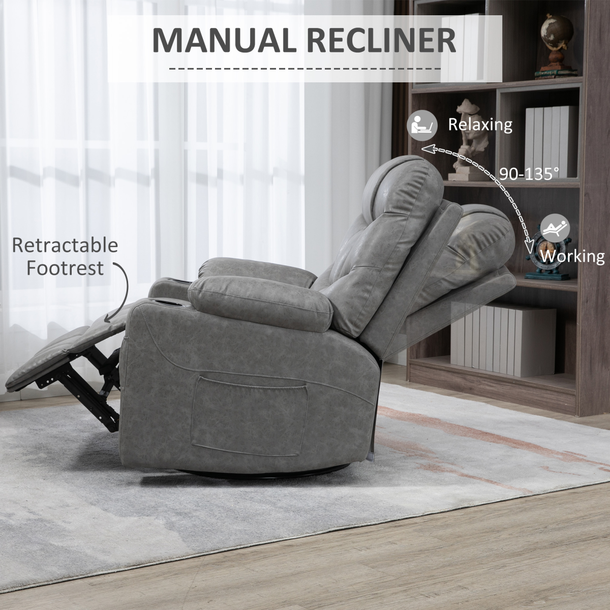 Grey PU Leather Manual Recliner Chair with 360-Degree Swivel and Cup Holders
