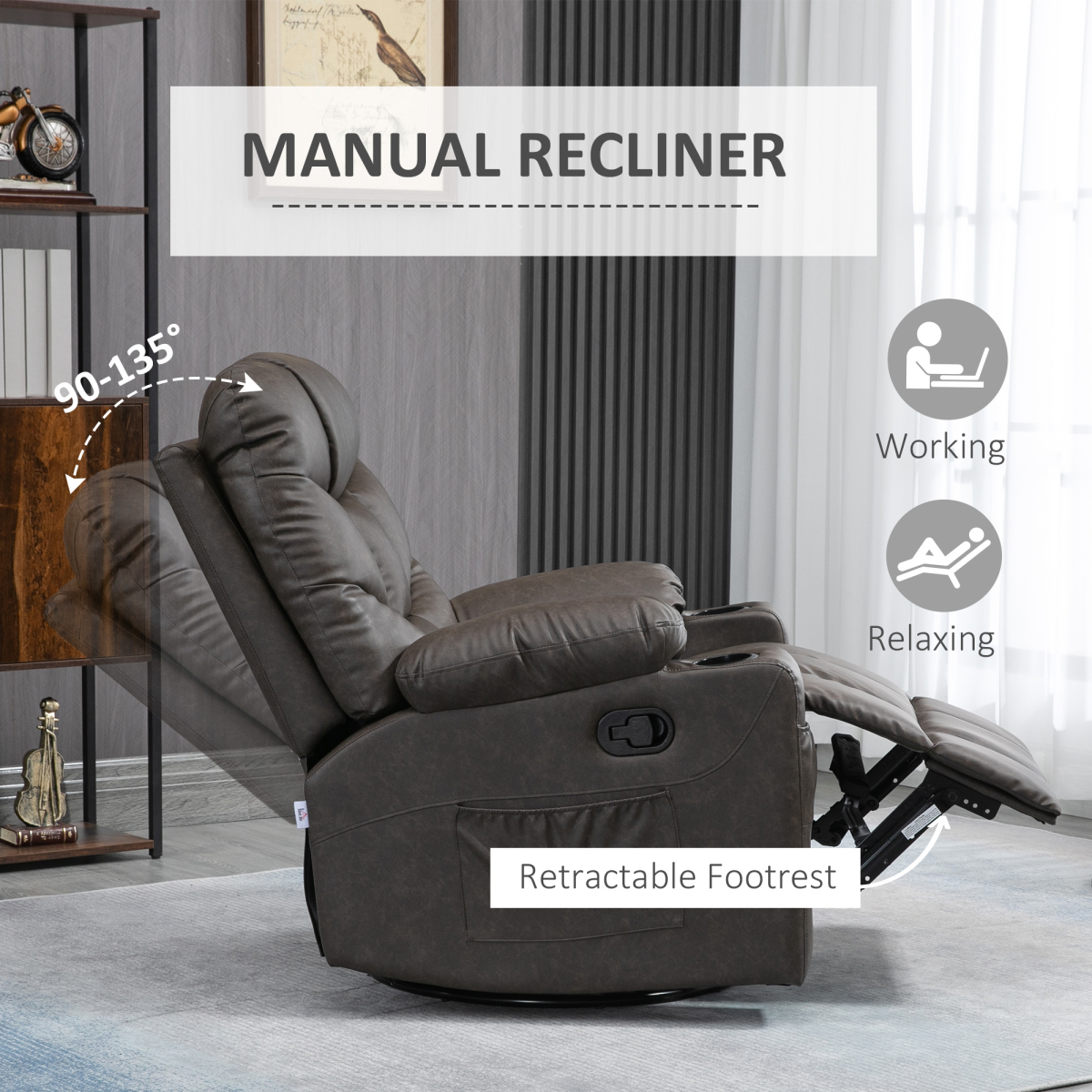 Brown PU Leather Manual Recliner Chair with 360-Degree Swivel and Cup Holders