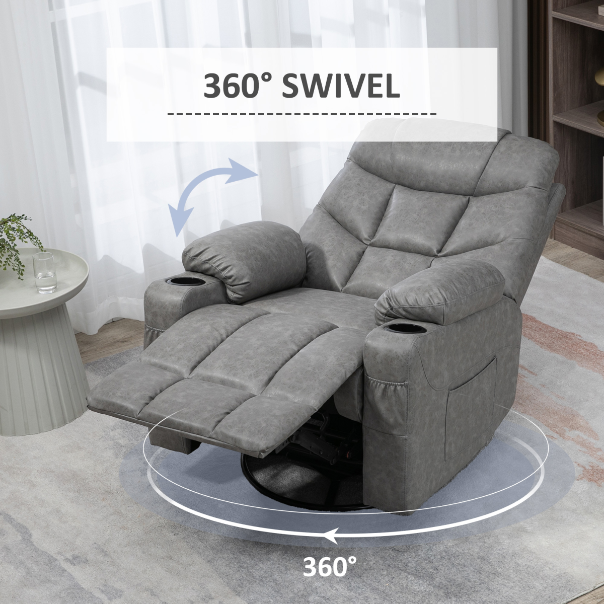 Grey PU Leather Manual Recliner Chair with 360-Degree Swivel and Cup Holders