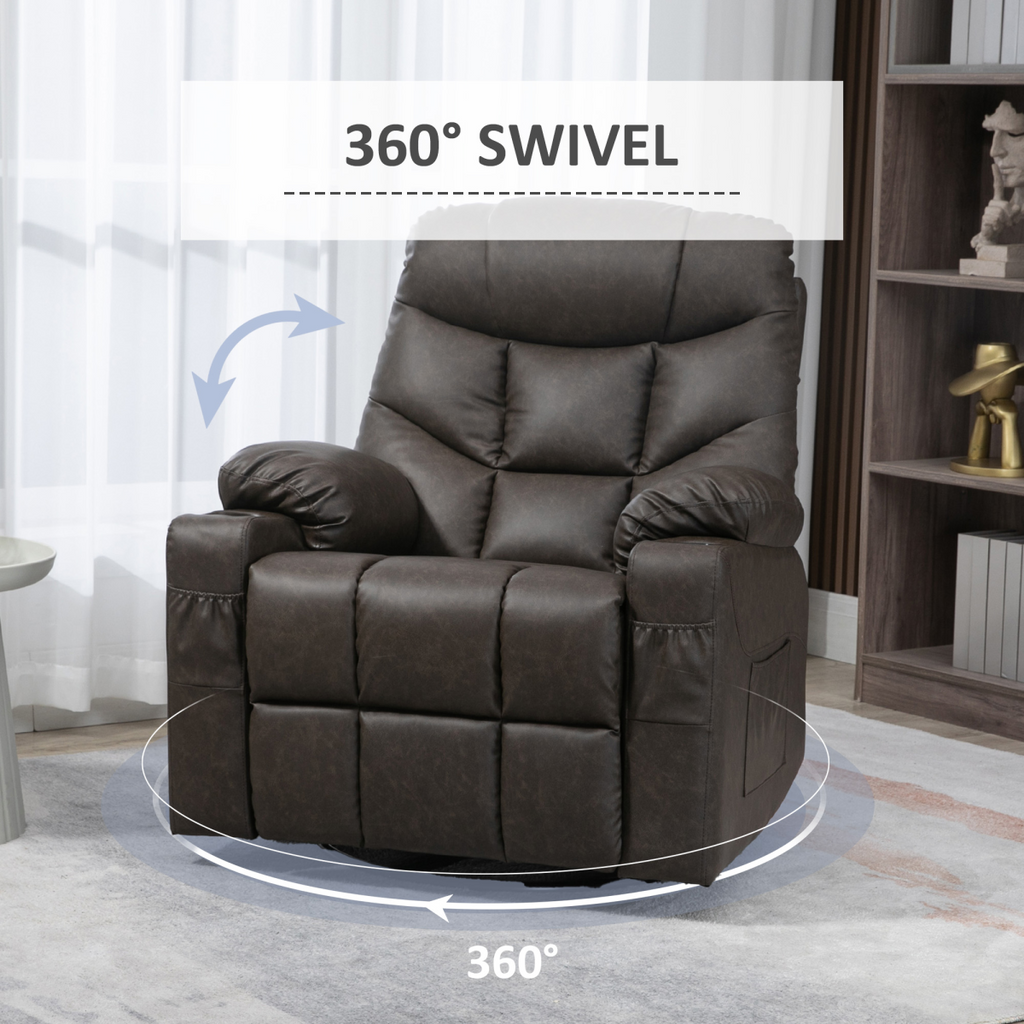 Brown PU Leather Manual Recliner Chair with 360-Degree Swivel and Cup Holders