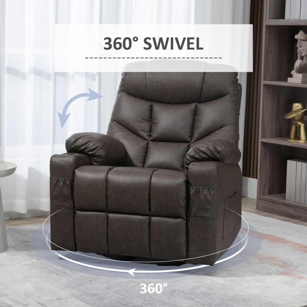 Brown PU Leather Manual Recliner Chair with 360-Degree Swivel and Cup Holders