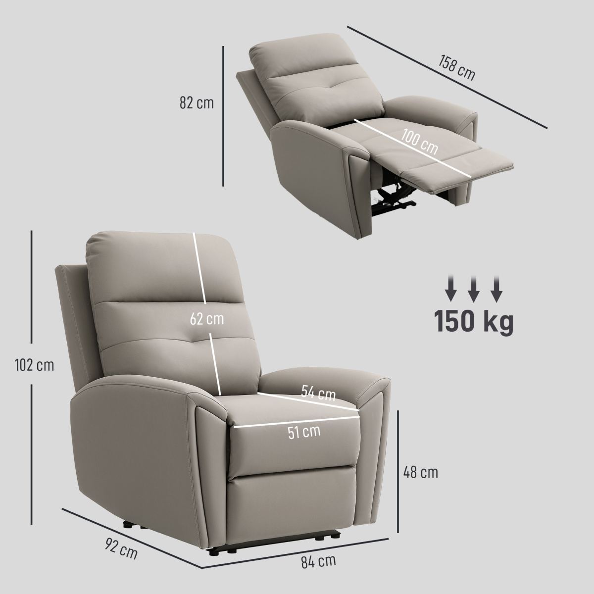 HOMCOM Grey Manual Recliner Armchair - 145° Backrest, Thick Padding