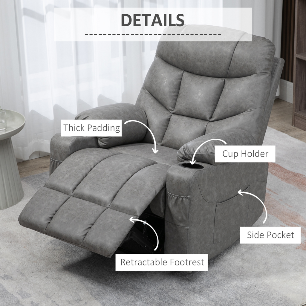 Grey PU Leather Manual Recliner Chair with 360-Degree Swivel and Cup Holders
