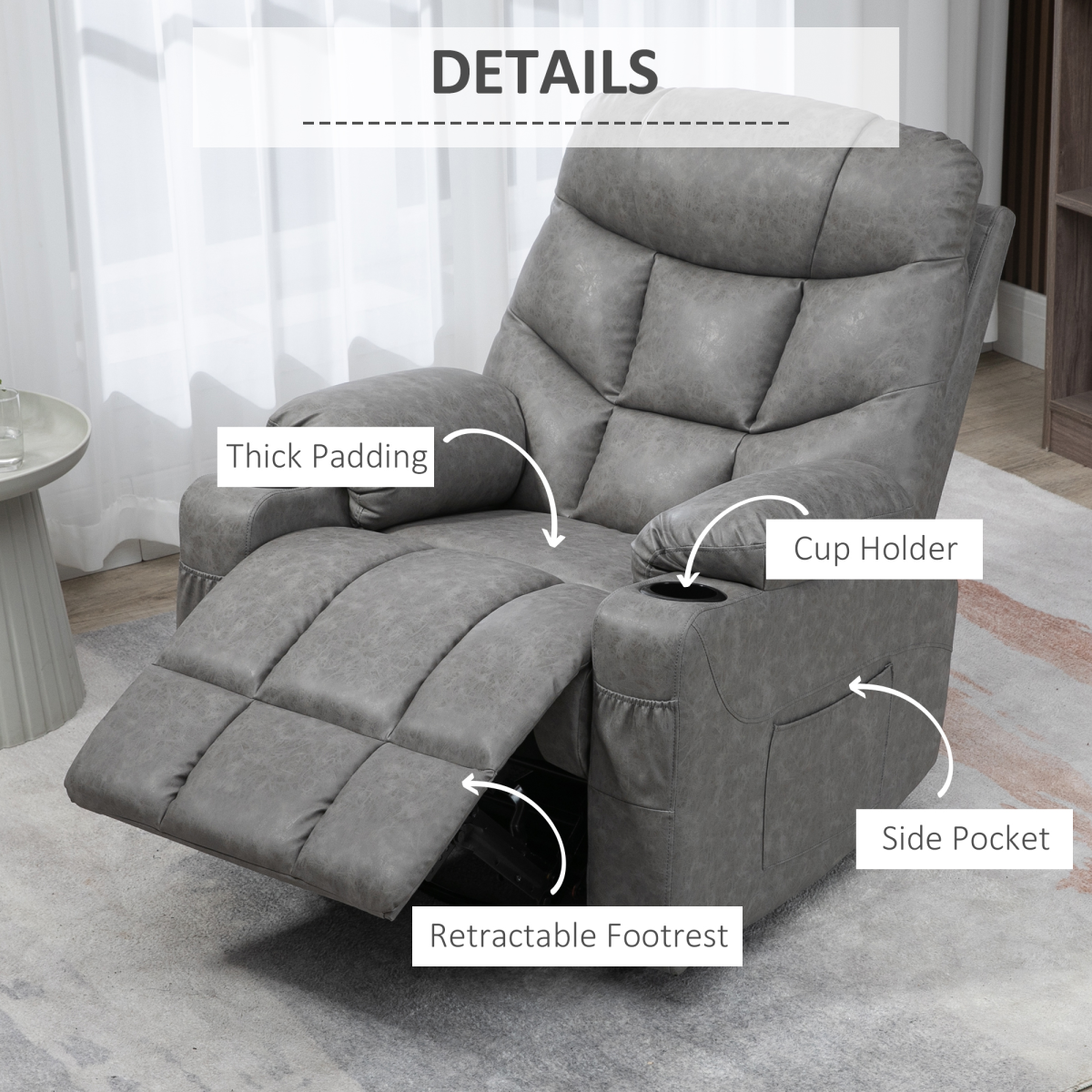 Grey PU Leather Manual Recliner Chair with 360-Degree Swivel and Cup Holders