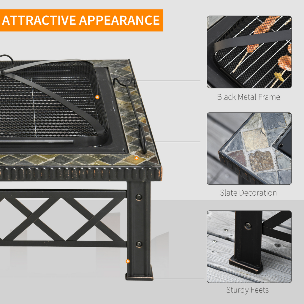 76cm Square Steel Garden Fire Pit Table with Poker & Mesh Cover