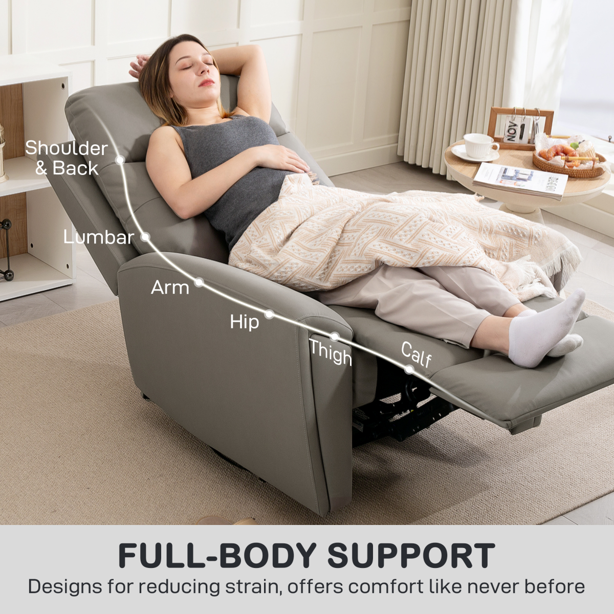 HOMCOM Grey Manual Recliner Armchair - 145° Backrest, Thick Padding