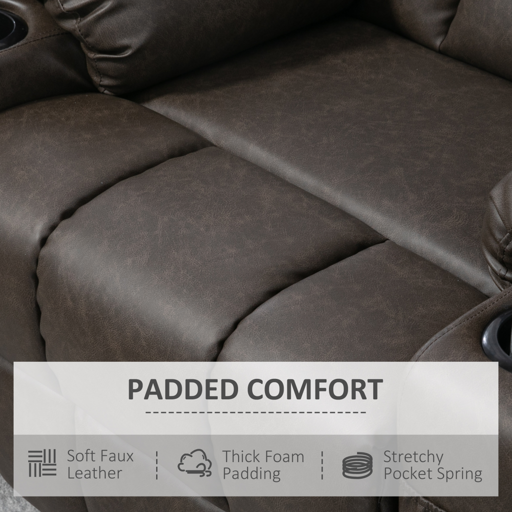 Brown PU Leather Manual Recliner Chair with 360-Degree Swivel and Cup Holders