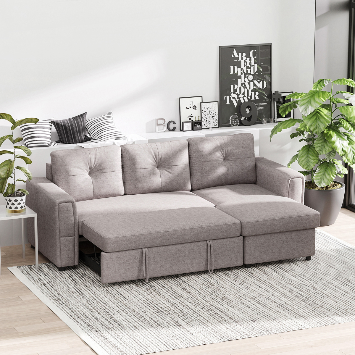 HOMCOM 3 Seater L-Shaped Sofa Bed With Hidden Storage Guest Bed Sleeper Flat Studio Grey