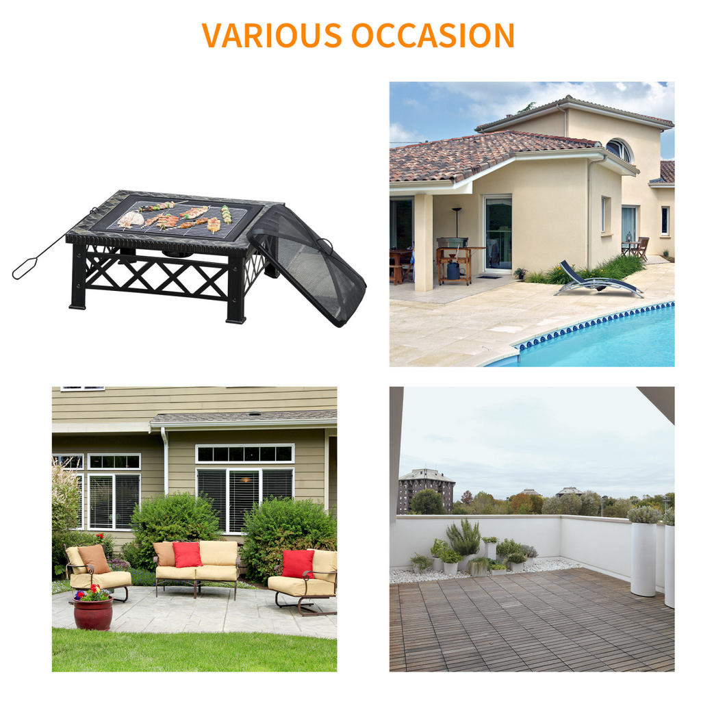 76cm Square Steel Garden Fire Pit Table with Poker & Mesh Cover