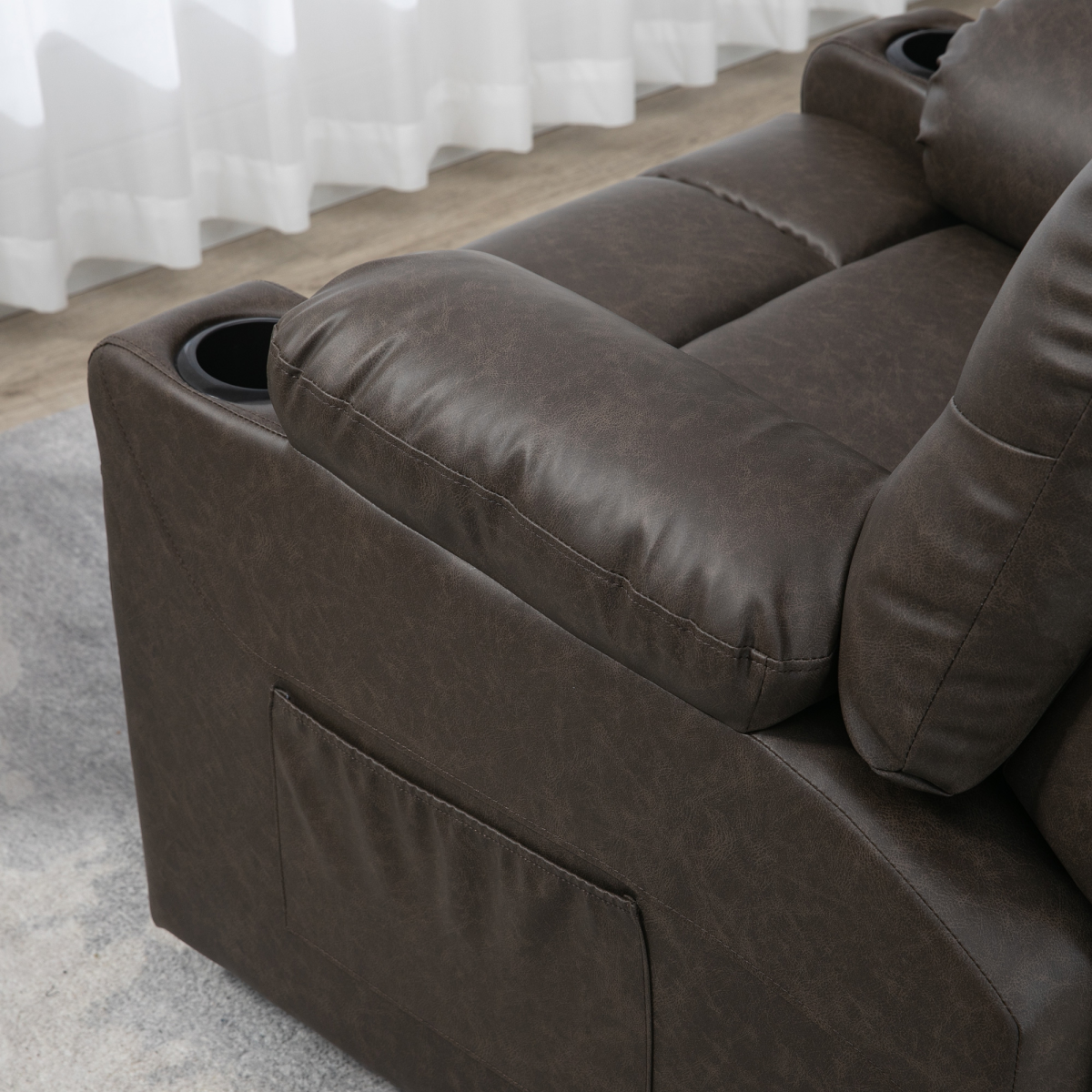 Brown PU Leather Manual Recliner Chair with 360-Degree Swivel and Cup Holders