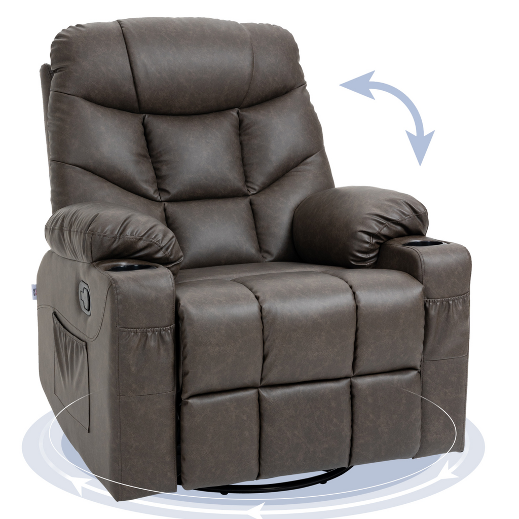 Brown PU Leather Manual Recliner Chair with 360-Degree Swivel and Cup Holders