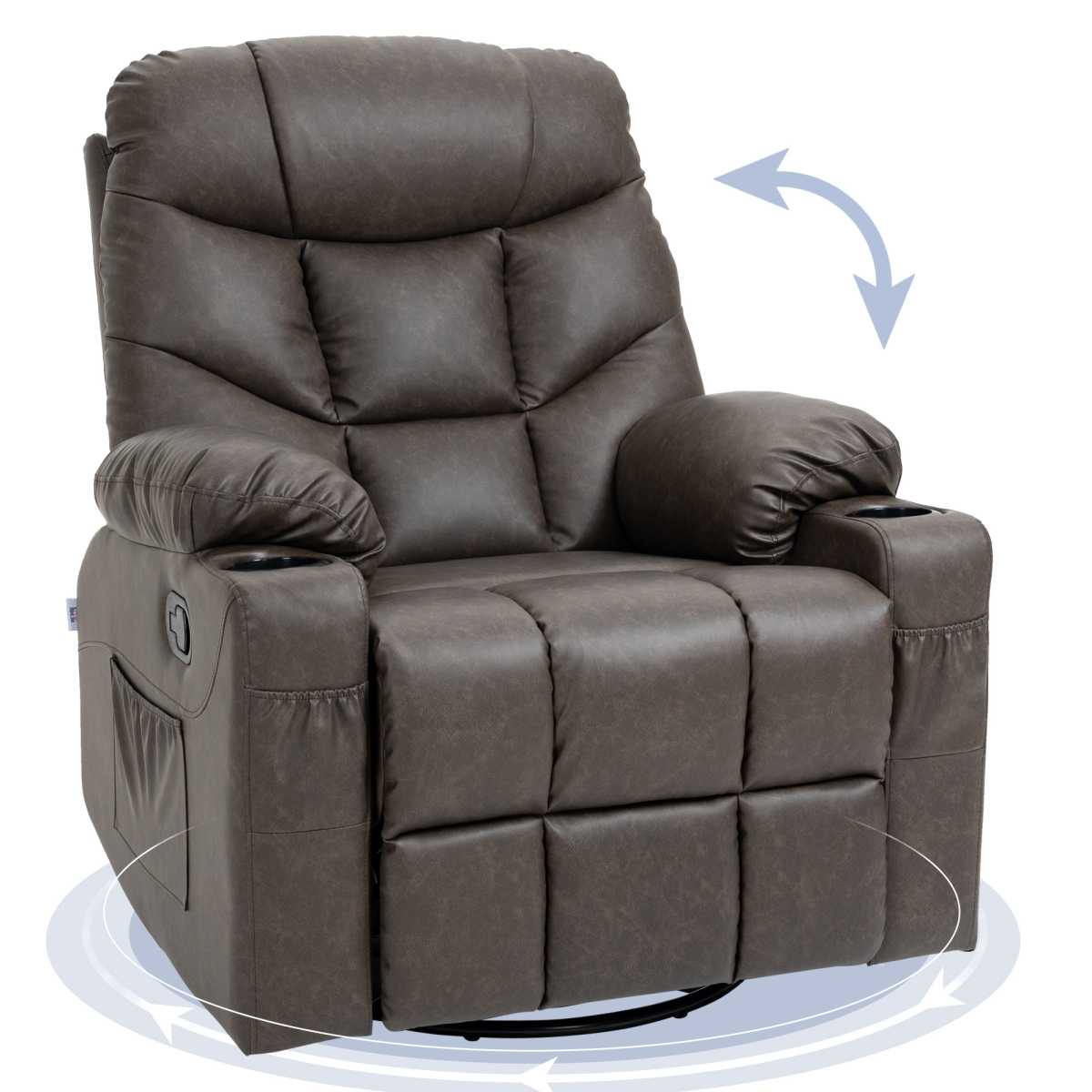 Brown PU Leather Manual Recliner Chair with 360-Degree Swivel and Cup Holders
