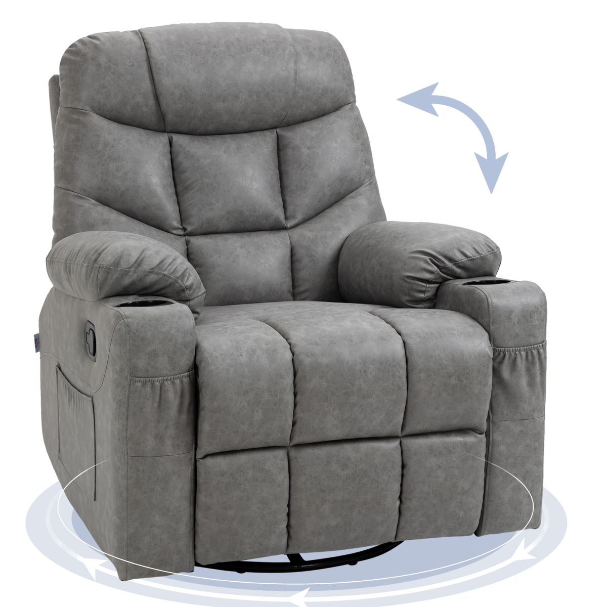 Grey PU Leather Manual Recliner Chair with 360-Degree Swivel and Cup Holders
