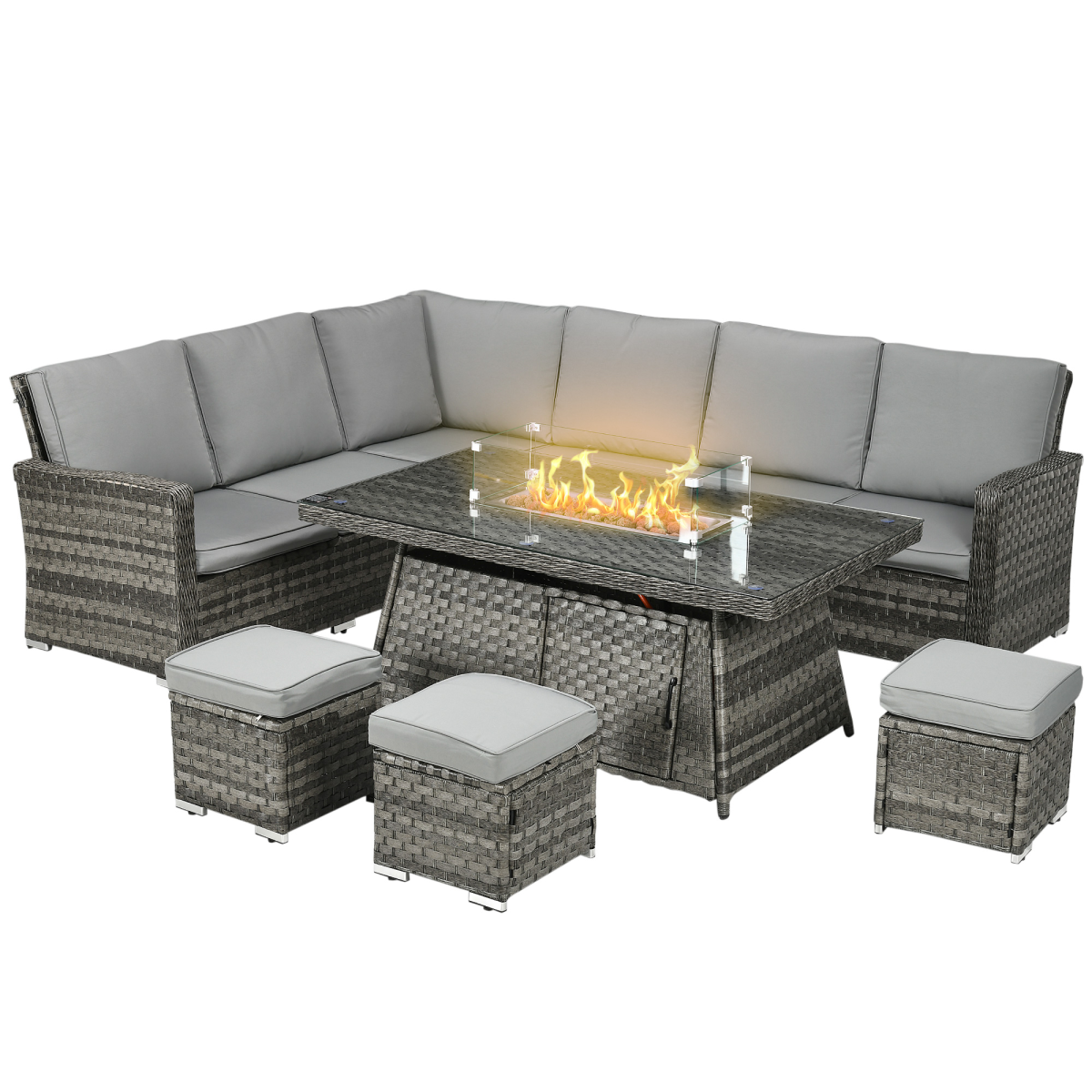 Outsunny 7-Piece Rattan Patio Set with 50,000 BTU Gas Fire Pit Table